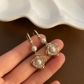 Elegant gold flower earrings with white pearls and sparkling pavé crystal petals - Floral Ear Hook (Gold Plated)