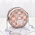 Mini runde Umhängetasche in Rosa und Orange kariert mit süßen Zeichentrick Illustrationen - Rosa