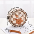 Mini ronde crossbody tas met bruin ruitpatroon, schattige patches en kettingriem - Khaki