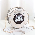 Cute round cream leather crossbody bag with cartoon cat print and gold chain strap - Off-white
