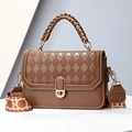Brown quilted crossbody bag with golden chain handle and patterned wide strap - Camel