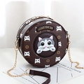 Piccola borsa rotonda marrone scuro con motivo a gatto e catena dorata elegante - caffè