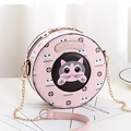 Borsa rotonda rosa a tracolla con ricamo di gatto e pelle PU texture litchi - Rosa