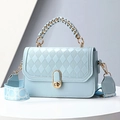 Light blue faux leather handbag with diamond lattice pattern and metallic chain handle - Blue