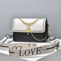 Black and white contrast crossbody bag with gold chain and wide LOVE letter strap - Black & Off-white