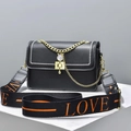 Black crossbody bag with gold chain, pearl charm and orange LOVE wide shoulder strap - Black