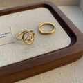 Minimalist gold titanium Gemini two-piece ring set with lotus cutout and thin band - US 7 / Crown And Plain Band Rings (Gold)
