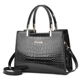 Elegant black faux crocodile leather tote bag with top handle and gold logo detail - Black