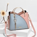 Chic color-block handbag in grey and pink with gold ring handle and heart pendant - Blue and Pink