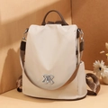Chic beige anti-theft backpack for women with brown leather trim and woven straps - Flat Metal Buckle - Khaki