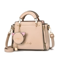 Beige faux leather handbag with adjustable strap and cute cat-shaped pendant wallet - Khaki