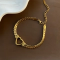 Vergoldete Edelstahlkette mit hohlem Herzanhänger und flacher Panzerkette für Damen - Armband / Gold