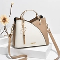 Elegant beige and khaki leather handbag with gold metal handle and heart pearl charm - Khaki & White Patchwork