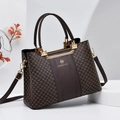 Dark brown monogram handbag for middle-aged women with gold hardware and shoulder strap - Coffee
