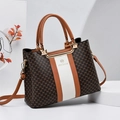 Deep brown monogram handbag with DH pattern and central vertical stripes for women - Coffee & Yellow