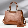 Brown crocodile pattern patent leather handbag with detachable shoulder strap for women - Earthy Yellow