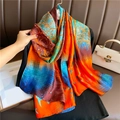 Luxuriöser langer Seidenschal mit lebhaftem orange-blauem Baummuster im Ölgemälde-Stil - Orange See Blau Baum Druck (XL106-2)