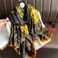 Detail of luxury silk scarf with yellow rose print, orange trim and camellia flower buckle - Yellow Rose Floral Pattern With Brooch (XL138-2)