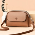 Caramel brown pebbled leather crossbody bag with three zip pockets and adjustable strap - Khaki