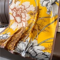 Elegant yellow silk scarf with vintage floral and building prints on brown leather - Ginger Yellow Peony Architecture (XL124-2)