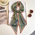 Polka dot skinny silk scarf with paisley pattern and orange edge on fashion magazine - Grey Green Paisley (LE-183)