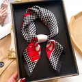 Elegant houndstooth square silk scarf with red border in a premium black gift box - Red and Black Splicing Houndstooth Illustration (FJ733-1)