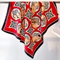 Close-up of a large red silk scarf featuring Chinese zodiac rabbit patterns and black borders - Chinese Red Zodiac Rabbit (FN130-3)