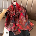 Close-up of luxury dark red floral print scarf with elegant satin silk texture detail - Retro Floral Red (XL112-1)