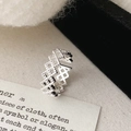 Detailed view of silver hollow geometric open ring with minimalist grid pattern design - Silver