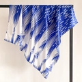 Detailed view of blue and white geometric print satin silk scarf draped on a rack - Blue and White Modern Minimalist Stripes (FT244-6)