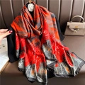 Detail of red and black satin scarf with feather pattern and a white camellia brooch - 180*90CM / Deep Red and Black Abstract Feather (XL99-2)