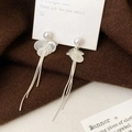Detail of elegant long tassel earrings with white pearls and petal decorations - Silver