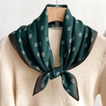 Dark green silk square scarf with white leaf pattern on white knitted sweater - Dark Green (FR24-1)