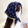 Dark blue leaf pattern silk square scarf with khaki border on a model mannequin - Dark Blue (FR24-3)