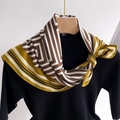 Detail of a geometric patterned silk scarf with mustard yellow borders and black polka dots - 68cmx68cm / Mustard Yellow Brown Style (FR29-4)