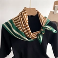 Elegant geometric patterned silk square scarf in brown and green on a black sweater - 68cmx68cm / Brown Green Style (FR29-1)