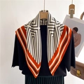 Detail of geometric pattern silk scarf with orange and grey stripes on a black knit sweater - 68cmx68cm / Grey White Orange Black Style (FR29-7)