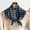 Elegant black and white silk scarf with retro buckle pattern and herringbone border detail - Black/White Contrast Buckle (FR23-2 Black)