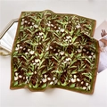 Close-up of vintage floral silk scarf with white tulips and double-colored border - Dark Brown Floral (FR31-3)