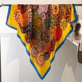 Detail of bohemian silk scarf with vibrant mandala patterns and blue border - Bright Yellow Ethnic Circle Print (FE135-2)