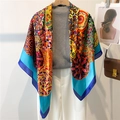 Bohemian silk scarf with colorful geometric patterns and floral motifs, 110cm large shawl - Royal Blue Orange Bohemia (FE135-1)