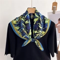Floral print square silk scarf with botanical patterns and blue green striped border - Navy Yellow Floral (FR31-5)