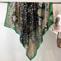 Vintage floral 110cm square silk scarf in black and green with retro flower patterns - 110X110CM / Dark Green