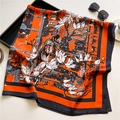 Floral and architectural satin silk square scarf 110cm with orange and black wide borders - Orange (FE109-1) / 110X110CM