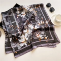 Floral print satin silk square scarf with architectural patterns and elegant aesthetics - Grey (FE109-2) / 110X110CM