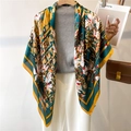 Elegant floral silk scarf in dark green and yellow, styled as an oversize shawl wrap - Green (FE109-3) / 110X110CM