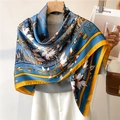 Detail of royal blue silk scarf featuring white floral prints and yellow contrast borders - Blue (FE109-4) / 110X110CM