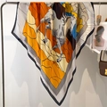 Detail of horse pattern silk scarf with colorful mosaic design on a metal hanger - 110X110CM / Yellow (FE111-2)