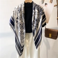 French Toile de Jouy print 110cm silk shawl with navy borders on a fashion mannequin - 110X110CM / Blue and White Toile de Jouy Print (FE121-1)