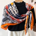 Detail showing paisley pattern on silky scarf with orange and blue color blocking - Classic Paisley Print (FE110-2) / 110X110CM